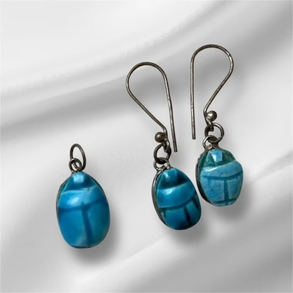 Turquoise Scarab Carved Jewelry Set, Earrings and Pendant, Egyptian - Vintage